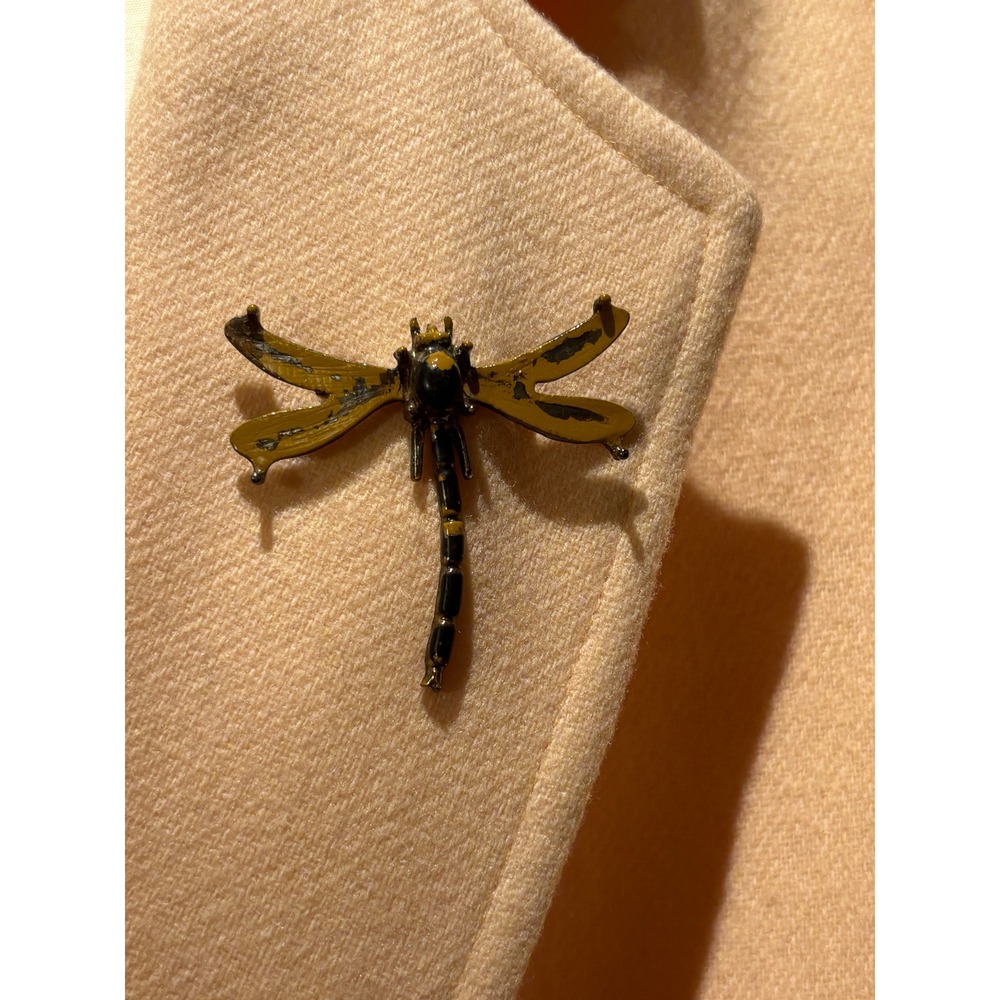 Vintage Dragonfly Brooch Yellow Black Enamel Insect Pin Distressed Jewelry - Picture 2 of 5